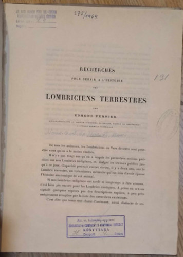 Recherches pour Servir A l'Histoire des Lombriciens Terrestre ("Kutatsok a szrazfldi gilisztk trtnetben" francia nyelven)