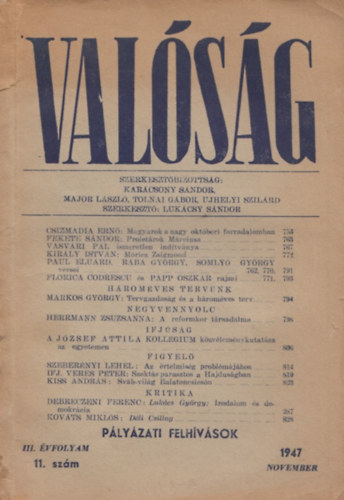 Tolnai Gbor  (szerk.), Major Lszl (szerk.) Karcsony Sndor (szerk.) - Valsg  - 1947.  III. vfolyam 11. szm