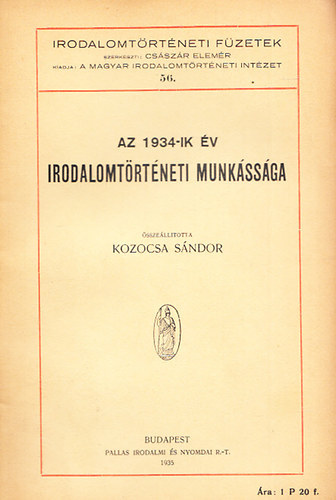 Kozocsa Sndor - az 1934-ik v irodalomtrtneti munkssga