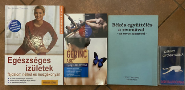 3 db k�nyv az eg�szs�ges �z�letek, gerinc �s reuma t�m�ban + 1 db aj�nd�k gerinc gy�gytorna kazetta - Eg�szs�ges �z�letek, Gerinc ABC, B�k�s egy�tt�l�s a reum�val, Gerinc gy�gytorna