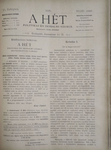 A Ht - Politikai s irodalmi szemle - 1895 (VI. vf.) 25-52. sz. (fl vfolyam egybektve)
