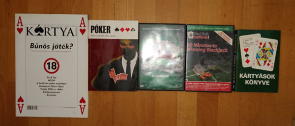 3 könyv/magazin + 2 DVD a kártyajátékokról: Kártyások könyve, Póker, kártya - bűnös játék? + Póker-kódex haladóknak, 60 Minutes Winning Blackjack