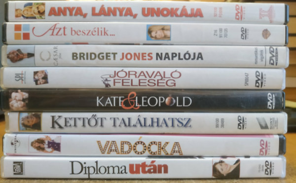 8 db Romantikus film DVD: Anya, l�nya, unok�ja; Azt besz�lik...; Bridget Jones napl�ja; Diploma ut�n; J�raval� feles�g; Kate & Leopold; Kett�t tal�lhatsz; Vad�cka