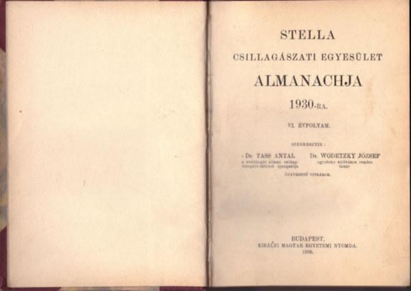 Stella Csillagszati Egyeslet almanachja 1930-ra