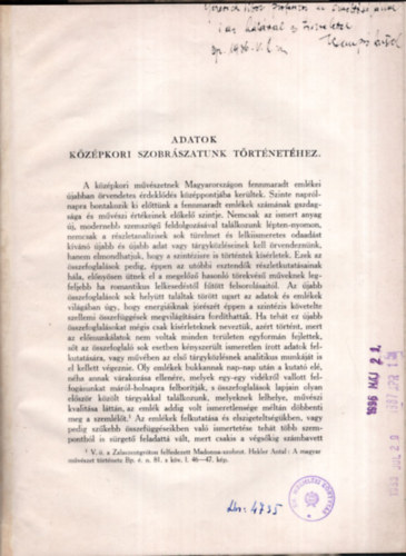 Adatok a kzpkori szobrszat trtnethez - Archaeologiai rtest XLVIII. 1935.- Dediklt