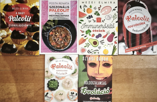 6db paleolit táplálkozással kapcsolatos könyv - Mezei-A nagy paleolit csokoládékönyv, Immunerősítő ételek, Paleolit vendégváró falatkák, Posta-Szezonális paleolit ételek hedonistáknak, Paleolit fogyókúra hedonistáknak, Szendi-Bol