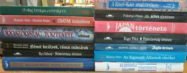 13 db t�rt�nelem: Magyarorsz�g r�vid t�rt�nete; N�metorsz�g t�rt�nete; N�met kir�lyok, r�mai cs�sz�rok; Oroszorsz�g t�rt�nete; Csat�k kislexikona; A vil�g kir�lyai �s kir�lyn�i; Az Egyes�lt �llamok t�rt�nete; Az Egyes�lt