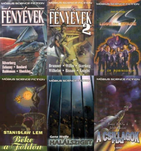 6 db M�bius Science Fiction sci-fi reg�ny (7 m� 6 k�tetben): F�ny�vek 1-2. - Science fiction antol�gia + Lost in Space - Az �r Robinsonjai + A pil�ta / Hal�lsziget + B�ke a F�ld�n + A csillagok fiai I.