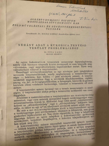 Dr. Pósa Lajos - Néhány adat a kukorica tenyészterület problémájához