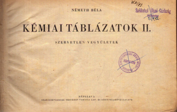 K�miai t�bl�zatok II. - Szervetlen vegy�letek