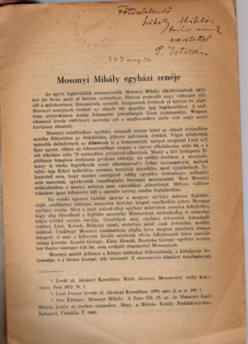 Mosonyi Mihly egyhzi zenje- Klnlenyomat a Katolikus Kntor egyhzzenei kzlny  1940.  11-12. s az 1941. 1. szmbl - dediklt
