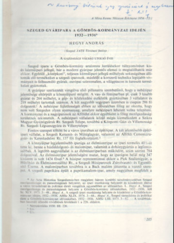 Szeged gyripara a Gmbs-kormnyzat idejn 1932-1936 - Klnlenyomat - Dediklt
