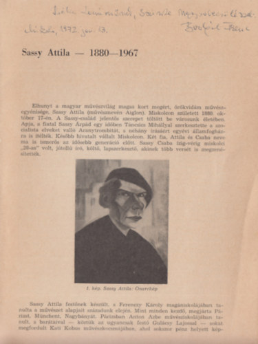 Bodgl Ferenc  (Szerk.) - Bodgl Ferenc: Sassy Attila - 1880-1967 (A Herman Ott Mzeum vknyve IX) (Dediklt)