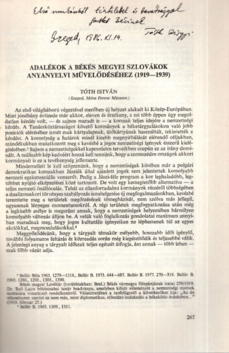 Adalkok a Bks megyei szlovkok anyanyelvi mveldshez ( 1919-1939 ) - Klnlenyomat - Dediklt