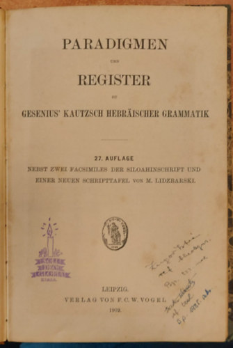 Paradigmen und Register zu Gesenius Kautzsch Hebrischer Grammatik 1902.