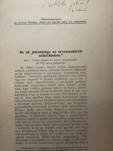 K�l�nlenyomat az Orvosi Hetilap 1935. �vi �prilis 13-i, 15. sz�m�b�l - Az ok jelent�s�ge az orvosszak�rt�i m�k�d�sben