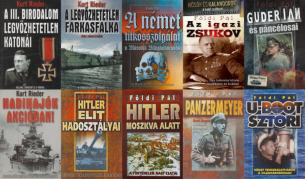 10 db knyv a II. vilghborurl:  Hadihajk akciban! + Az igazi Zsukov + U-Boot sztori + A legyzhetetlen Farkasfalka + Guderian s pnclosai + Hitler elit hadosztlyai +Hitler Moszkva alatt + A III. birodalom legyzhetetlen katoni +