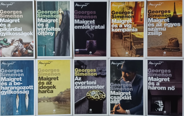 10 db Maigret felgyel: Maigret s a pikrdiai gyilkossgok + Az evertoni rsmester + Maigret csapdt llt + Maigret s az idegek harca + Maigret s a vrfoltos ltny + Maigret emlkiratai + Maigret  s a beharangozott gyilkoss