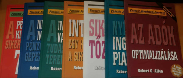 7 db Passzv Jvedelem-forrsok: A pnzgyileg kiemelkeden sikeres emberek 7 szoksa; A Network Marketing pnzcsinl gpezet; Informcis vllalkozs; Internet; Siker a tzsdn; Nyers az ingatlanpiacon; Az adk optimalizlsa