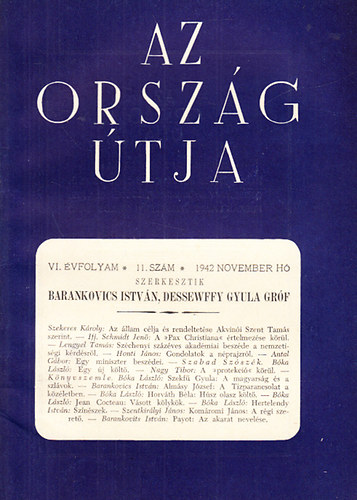 Barankovics Istvn; Dessewffy Gyula grf  (szerk.) - Az orszg tja VI. vfolyam 11. szm (1942. november)