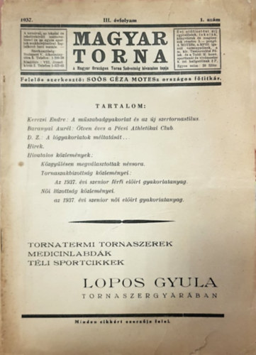 Magyar Torna III. vfolyam 1937. 1, 3-5, 10, 11. szm
