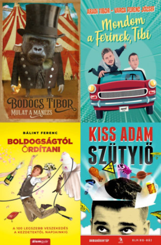 Aradi Tibor Varga Ferenc József, Kiss Ádám, Bálint Ferenc Bödőcs Tibor - 4 db könyv kedvenc humoristáinktól: Mulat a Manézs + Mondom a Ferinek, Tibi + Szütyiő + Boldogságtól ordítani