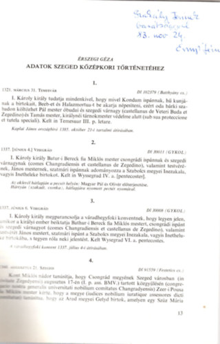 rszegi Gza - Adatok Szeged Kzpkori trtnethez - dediklt - Klnlenyomat