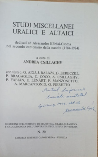 Studi miscellanei uralici e altaici (Urli s altaji tanulmnyok) (dediklt)