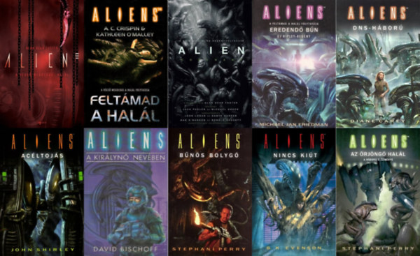 10 db Alien k�nyv: A v�gs� megold�s: Hal�l + Felt�mad a Hal�l + Alien: Covenant + Eredend� b�n + DNS-h�bor� + Ac�ltoj�s + A kir�lyn� nev�ben + B�n�s bolyg� + Nincs ki�t + Az �rj�ng� hal�l