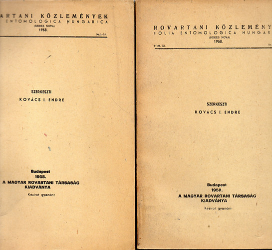 Rovartani kzlemnyek - Folia Entomologica Hungarica 1958. Tomus XI. (Teljes vfolyam, 1-33.)