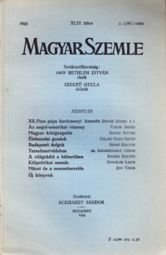 Bethlen Istvn grf - Magyar Szemle 1943. februr XLIV. ktet 2. (186.) szm