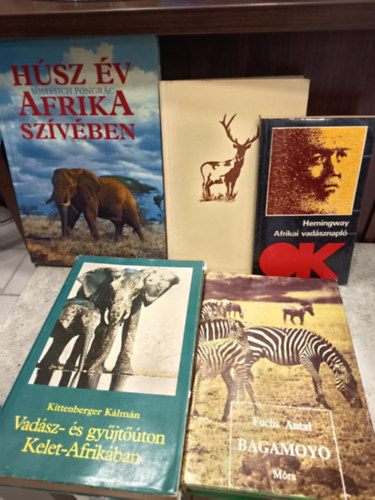 Vad�szat k�nyvcsomag 5 darabos K�NYVMENT� AJ�NLAT: Afrikai vad�sznapl�, A gemenci bak �s m�s vad�szelbesz�l�sek, Bagamoyo, Vad�sz-�s gy�jt��ton Kelet- Afrik�ban, H�sz �v Afrika sz�v�ben