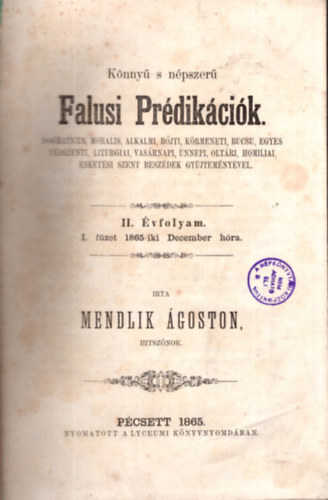 Knny s npszer Falusi Prdikcik  II. vfolyam I. fzet 1865-iki december hra