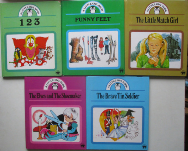 5 kötet a little owl sorozatból (123, Funny feet, The little match girl, The elves and the shoemaker, The brave Tin Soldier)