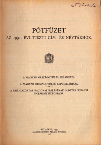 Magyarorsz�g tizsti c�m- �s n�vt�ra XLI. � vfolyam 1931.