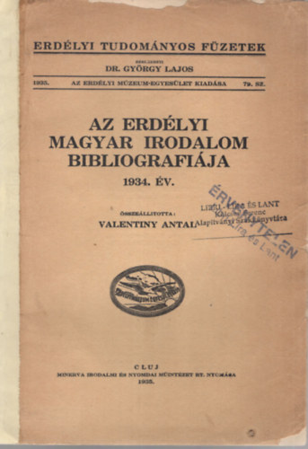 Az erdlyi magyar irdoalom bibliografija 1934. v