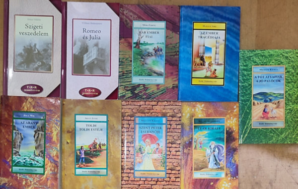 9db k�telez� olvasm�ny - Zr�nyi-Szigeti veszedelem, Shakespeare-Romeo �s J�lia, Lear kir�ly, J�kai-Az arany ember, Miksz�th-Szent P�ter eserny�je, A t�t afyafiak, A j� pal�cok, Arany-Toldi/Toldi est�je, Mad�ch-Az ember trag�di�ja, M