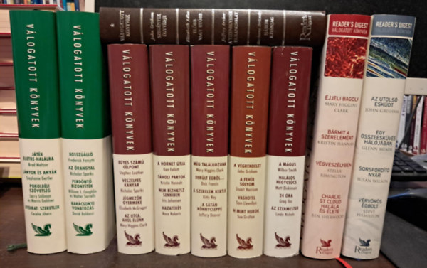 10 db-os KNYVMENT AJNLAT, Reader's Digest vlogatott knyv: A mgus /Hallos hegycscs /24 ra/ Az ezermester+A vgrendelet/ A fehr slyom /Vashotel /H mint hurok+ Mg tallkozunk /Derlt gbl /A szerelemkertje /A stn knny