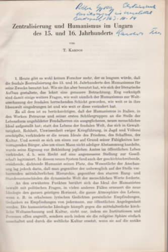 Zentralisation und humanismus in Ungarn des 15. und 16. Jahrhunderts. (Separatum Studia Historica 53.)