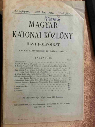 Magyar Katonai Közlöny 1923. Jan.-Febr. 1-2. füzet