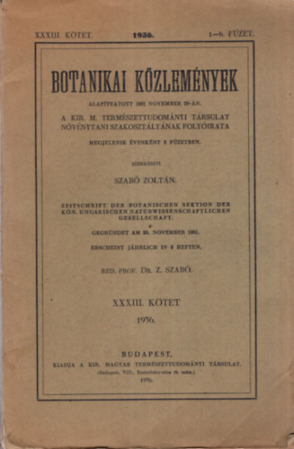 Botanikai Kzlemnyek 1936. XXXIII. ktet 1-6. fzet