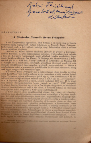 A f�lsz�zados Nouvelle Revue Francaise- K�l�nlenyomat a Vil�girodalmi Figyel� 1959. �vi 3-4. sz�m�b�l -dedik�lt