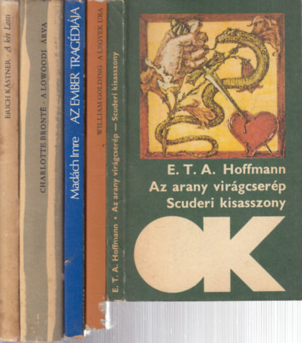 5 db. k�telez� olvasm�ny (Az arany vir�gcser�p - Scuderi kisasszony + A legyek ura + Az ember trag�di�ja + A lowoodi �rva (Jane Eyre) + A k�t Lotti)