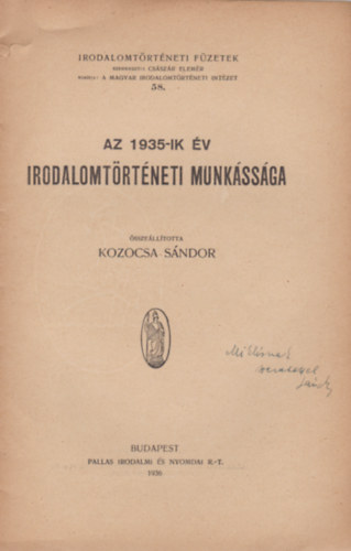 Az 1935-ik v irodalomtrtneti munkssga