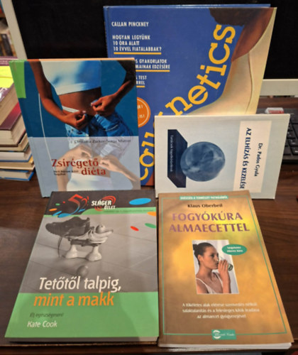 5 db-os eg�szs�ges �letm�ddal kapcsolatos K�NYVMENT� AJ�NLAT: Az elh�z�s �s kezel�se, Fogy�k�ra almaecettel, Tet�t�l talpig, mint a makk, Zs�r�eget� di�ta, Callanestics