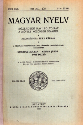 Magyar Nyelv XXXIX. vf. 1933. mjus-jnius 5-6. szm