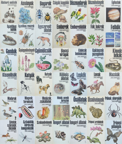 42 db B�v�r Zsebk�nyv: �llatkerti eml�s�k + �sv�nyok + Bogarak + Csig�k, kagyl�k + D�szmadarak + D�szn�v�nyek + �gitestek + Egzotikus h�ll�k + Egzotikus rovarok + Egyszervolt �llatok + Emberek + Emberel�d�k + F�k, bokrok + Felh�