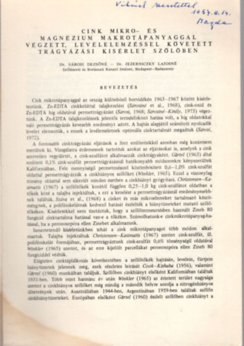 Cink Mikro- s magnzium makrotpanyaggal vgzett, levlelemzssel kvetett trgyzsi kisrlet szlben - Klnlenyomat - dediklt