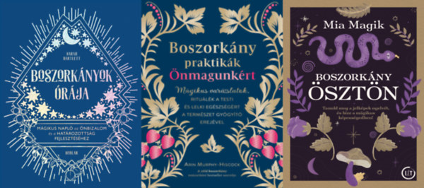 3 m a boszorknysg tudomnyrl: Boszorknysztn + Boszorknypraktikk nmagunkrt - Mgikus varzslatok, ritulk a testi s lelki egszsgrt a termszet gygyt erejvel + Boszorknyok rja - Mgikus napl az
