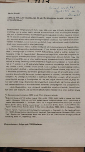 Bárdos Kornél - Szabad királyi városaink és mezővárosaink zeneéletének struktúrája különlenyomat